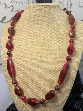 Vintage Chunky Red Venetian Style Resin Statement Necklace Gold Foil Accents